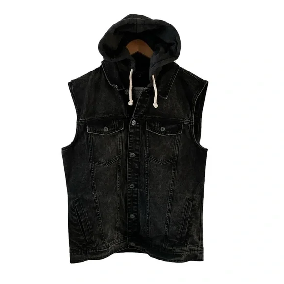 Pull & Bear Charcoal Gray Denim Hooded Vest Jacket XL - Picture 1 of 11